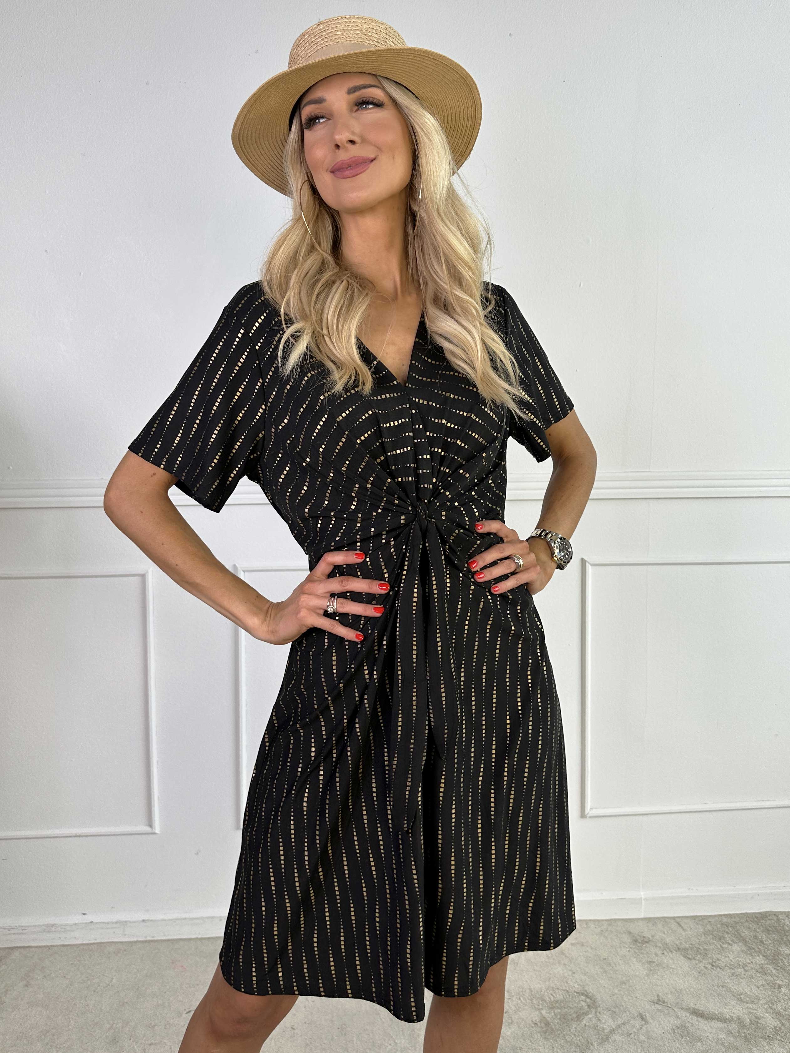 Molly Dot Pattern Short - Kjole i elastisk stof med knudedetalje og guld print